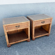 Boho Chic Wicker Glass Top Nightstands - A Pair Dolphin & Flamingo