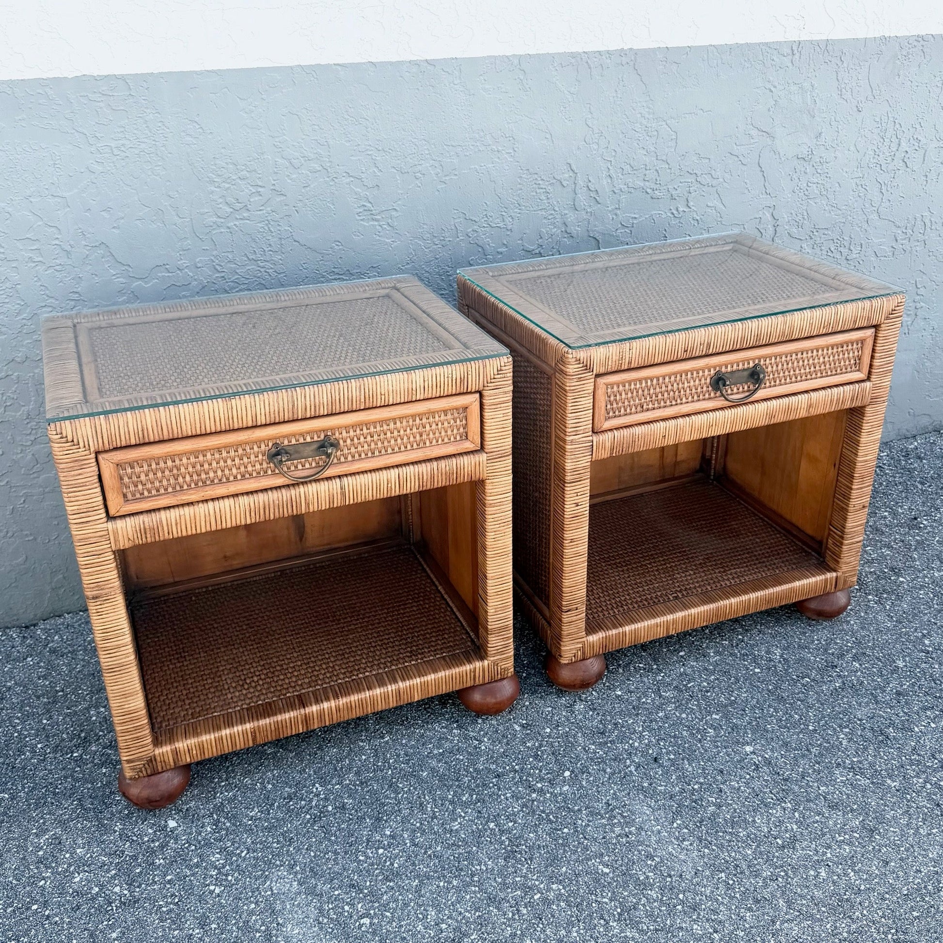 Boho Chic Wicker Glass Top Nightstands - A Pair Dolphin & Flamingo
