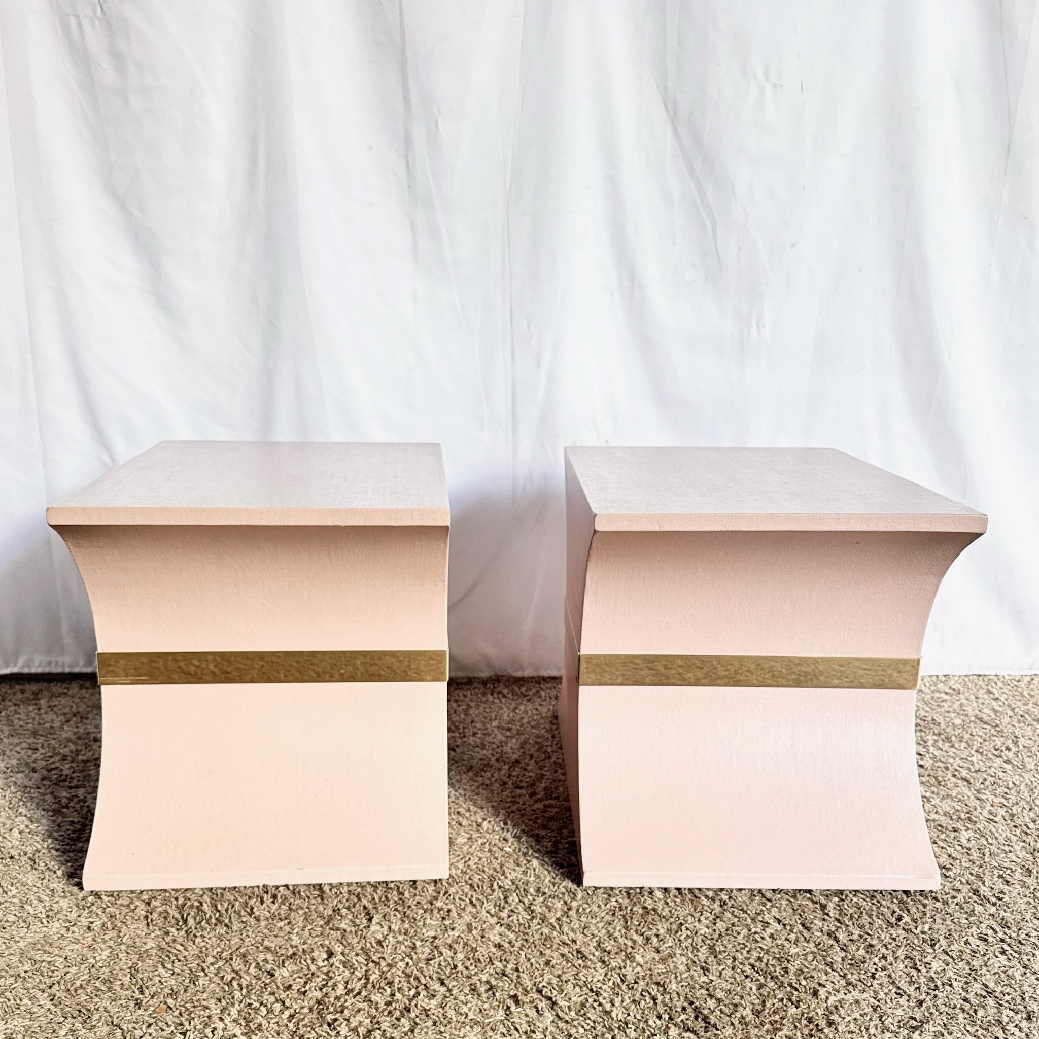 Postmodern Pink and Gold Grass Cloth Side Tables - A Pair