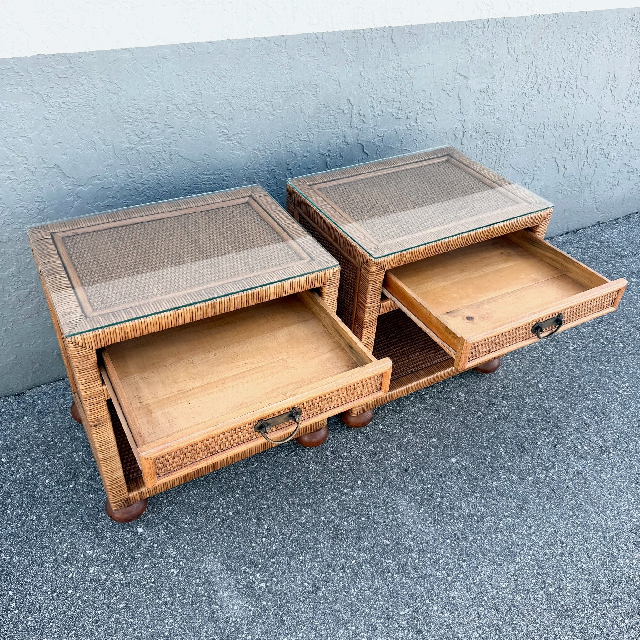 Boho Chic Wicker Glass Top Nightstands - A Pair Dolphin & Flamingo