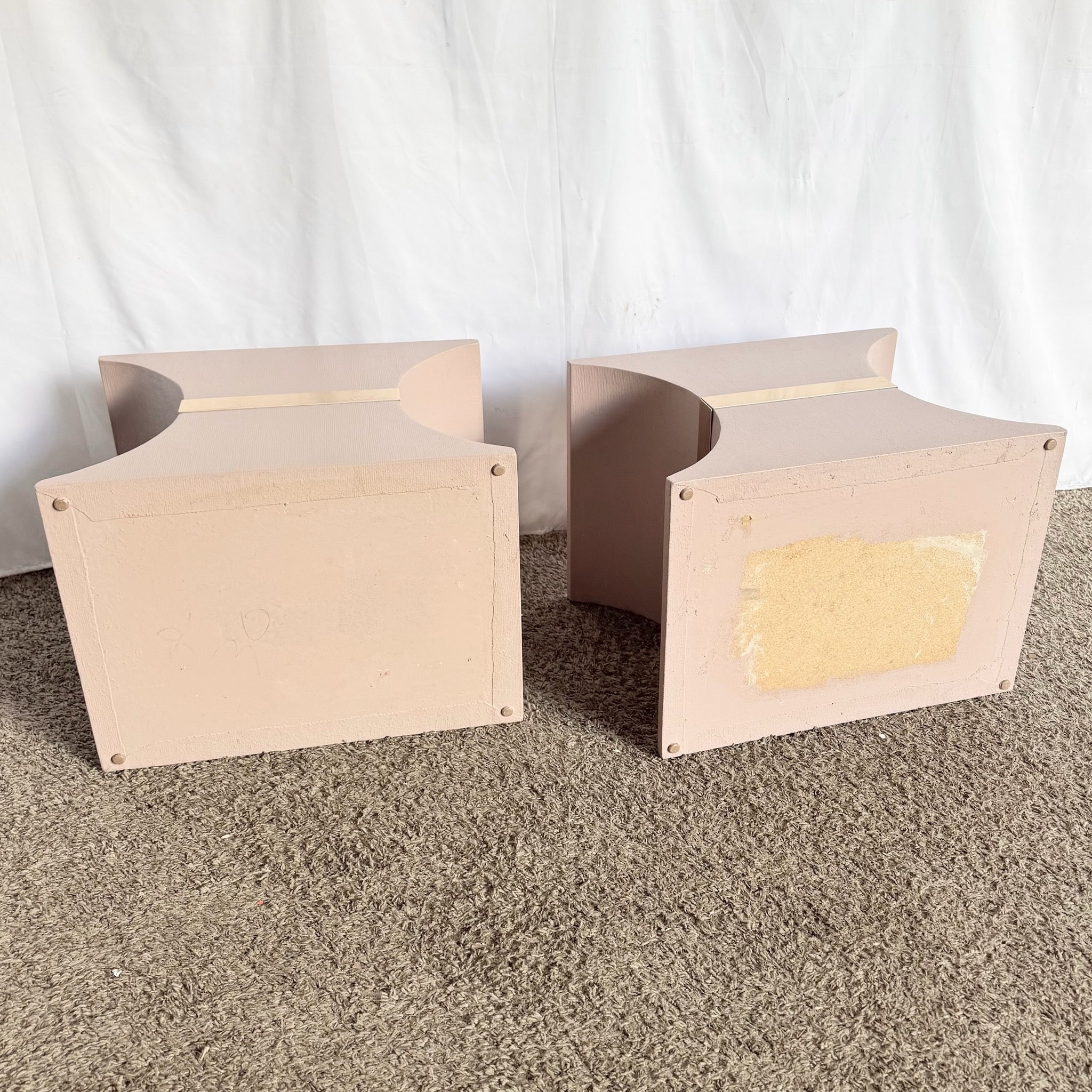 Postmodern Pink and Gold Grass Cloth Side Tables - A Pair