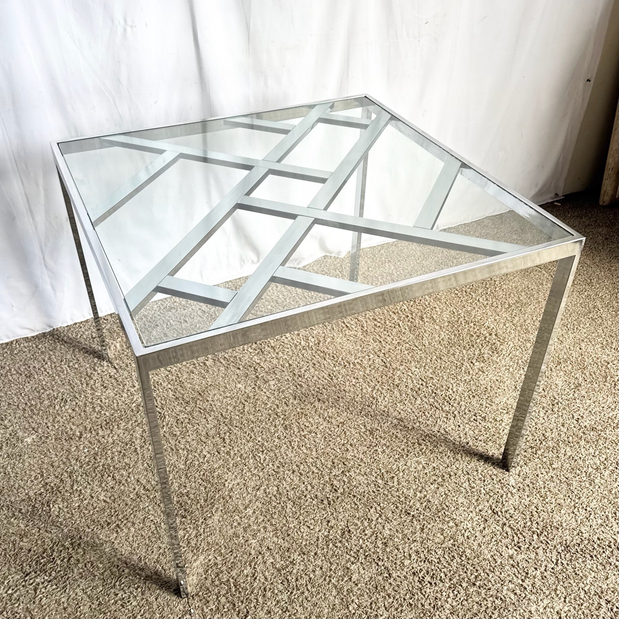 Mid Century Modern Lattice Chrome Inlaid Glass Top Dining/Card Table