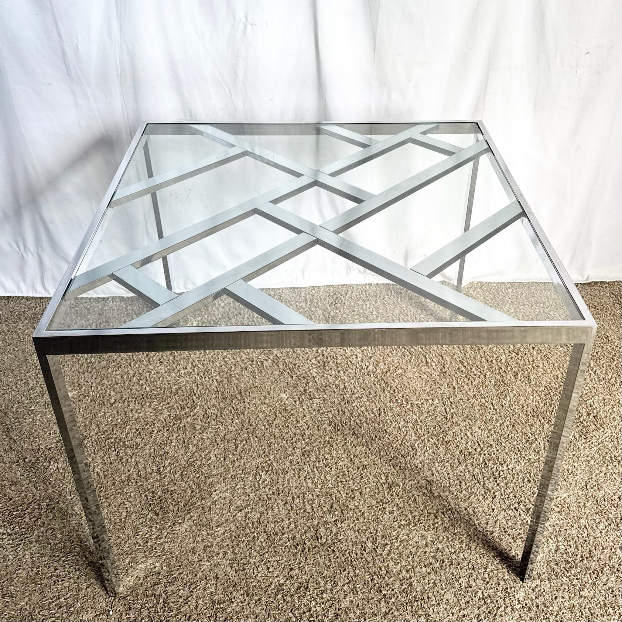 Mid Century Modern Lattice Chrome Inlaid Glass Top Dining/Card Table