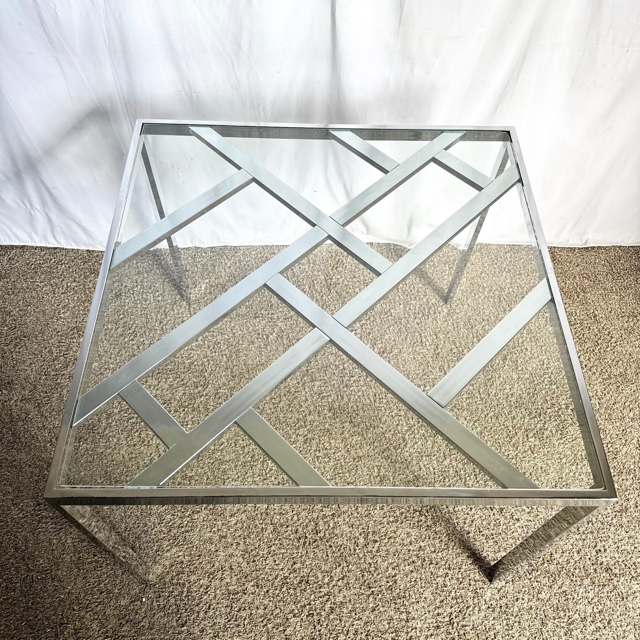Mid Century Modern Lattice Chrome Inlaid Glass Top Dining/Card Table
