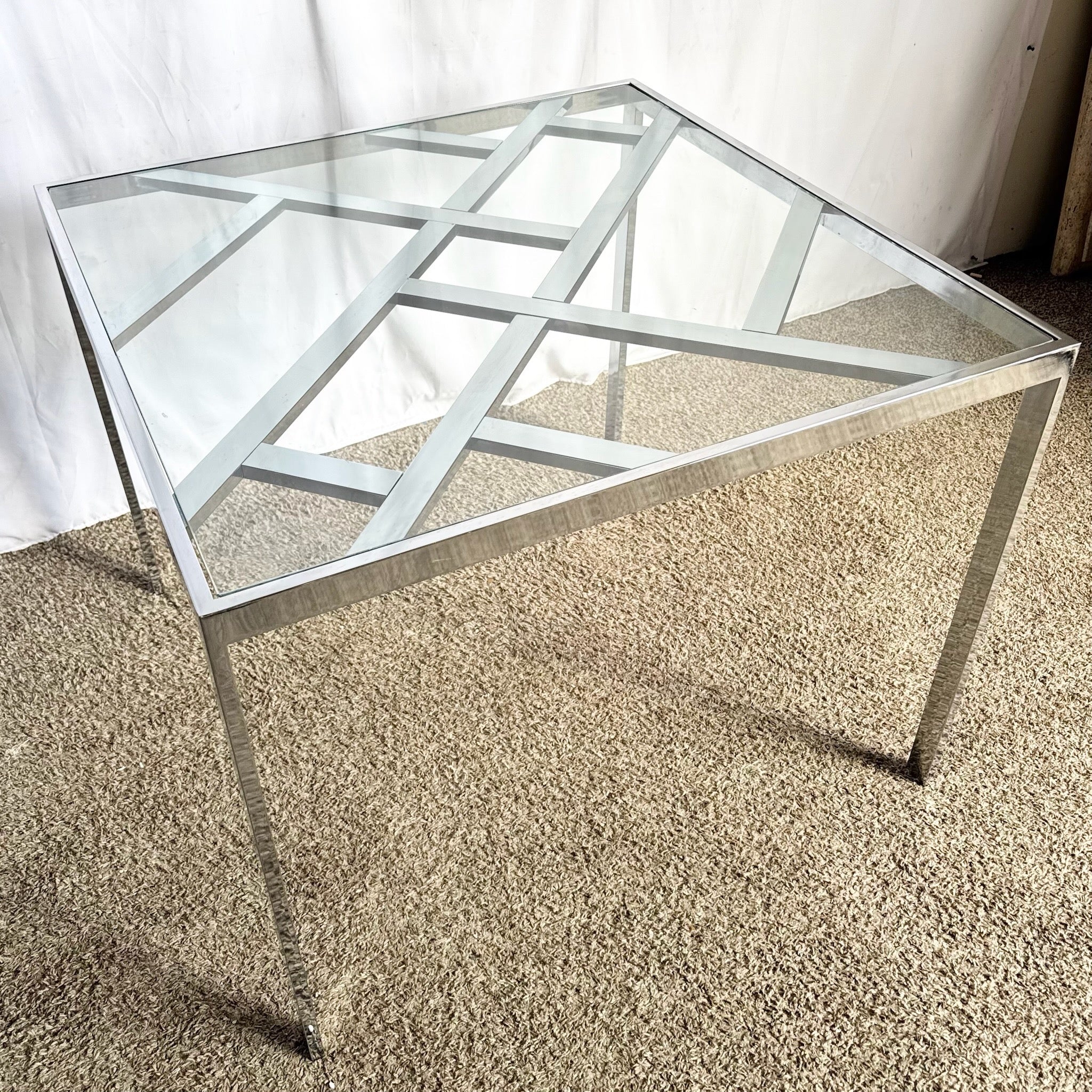 Mid Century Modern Lattice Chrome Inlaid Glass Top Dining/Card Table