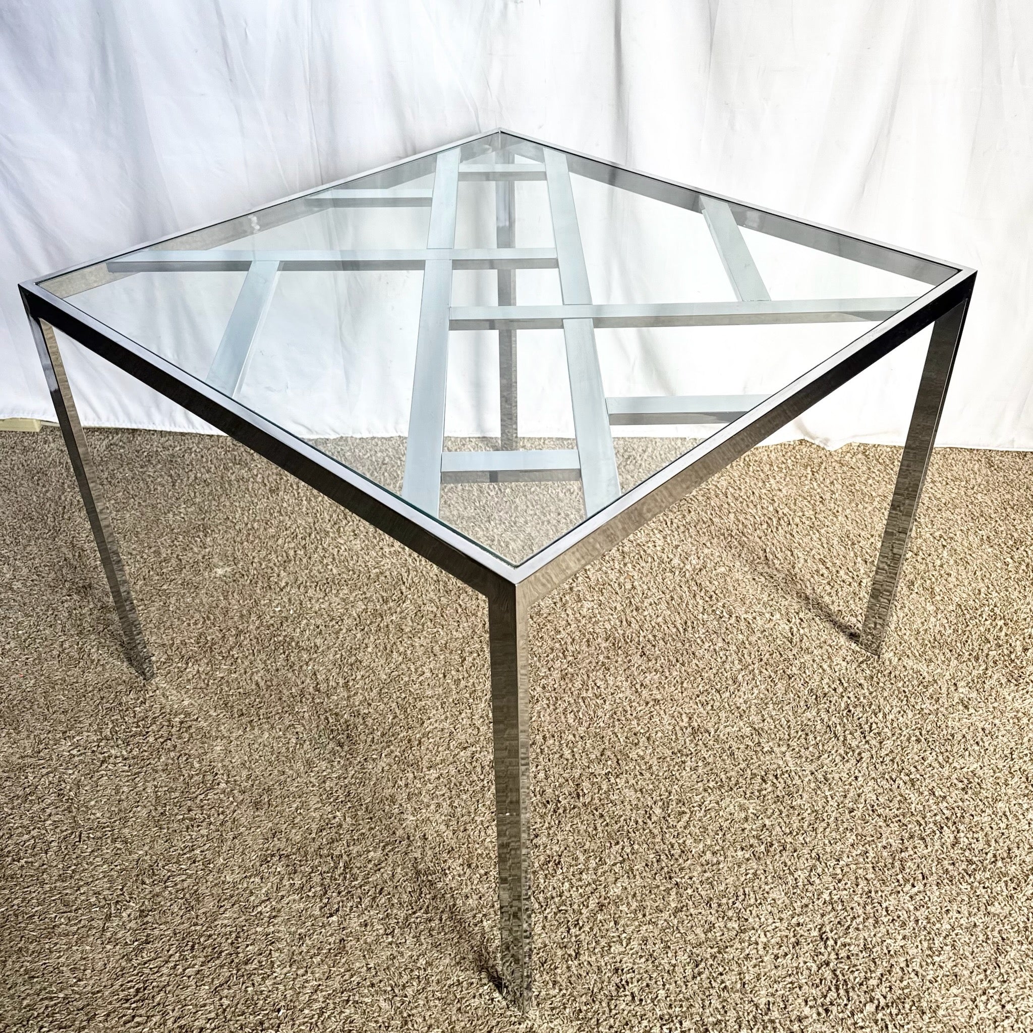 Mid Century Modern Lattice Chrome Inlaid Glass Top Dining/Card Table