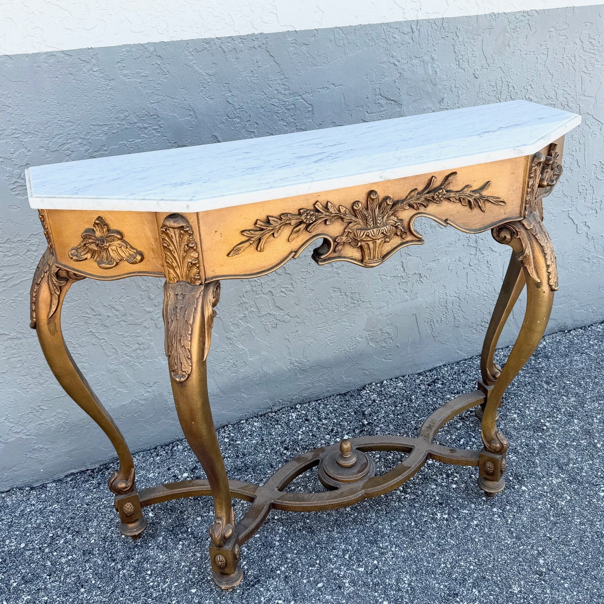 Vintage French Style Marble Top Wooden Console Table Dolphin & Flamingo