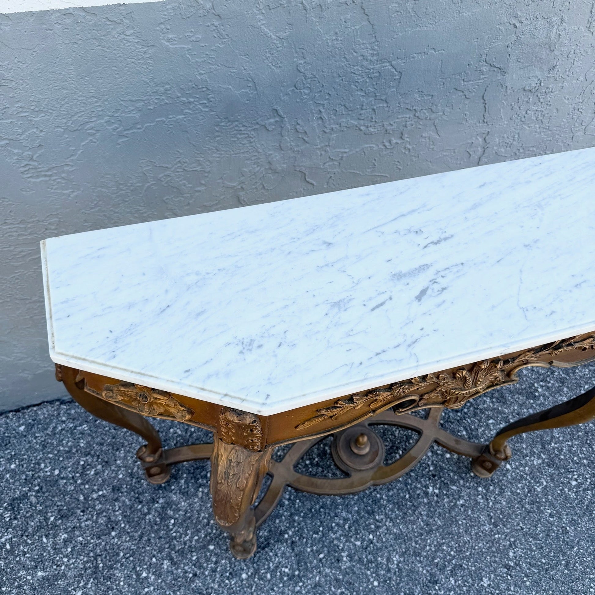 Vintage French Style Marble Top Wooden Console Table Dolphin & Flamingo