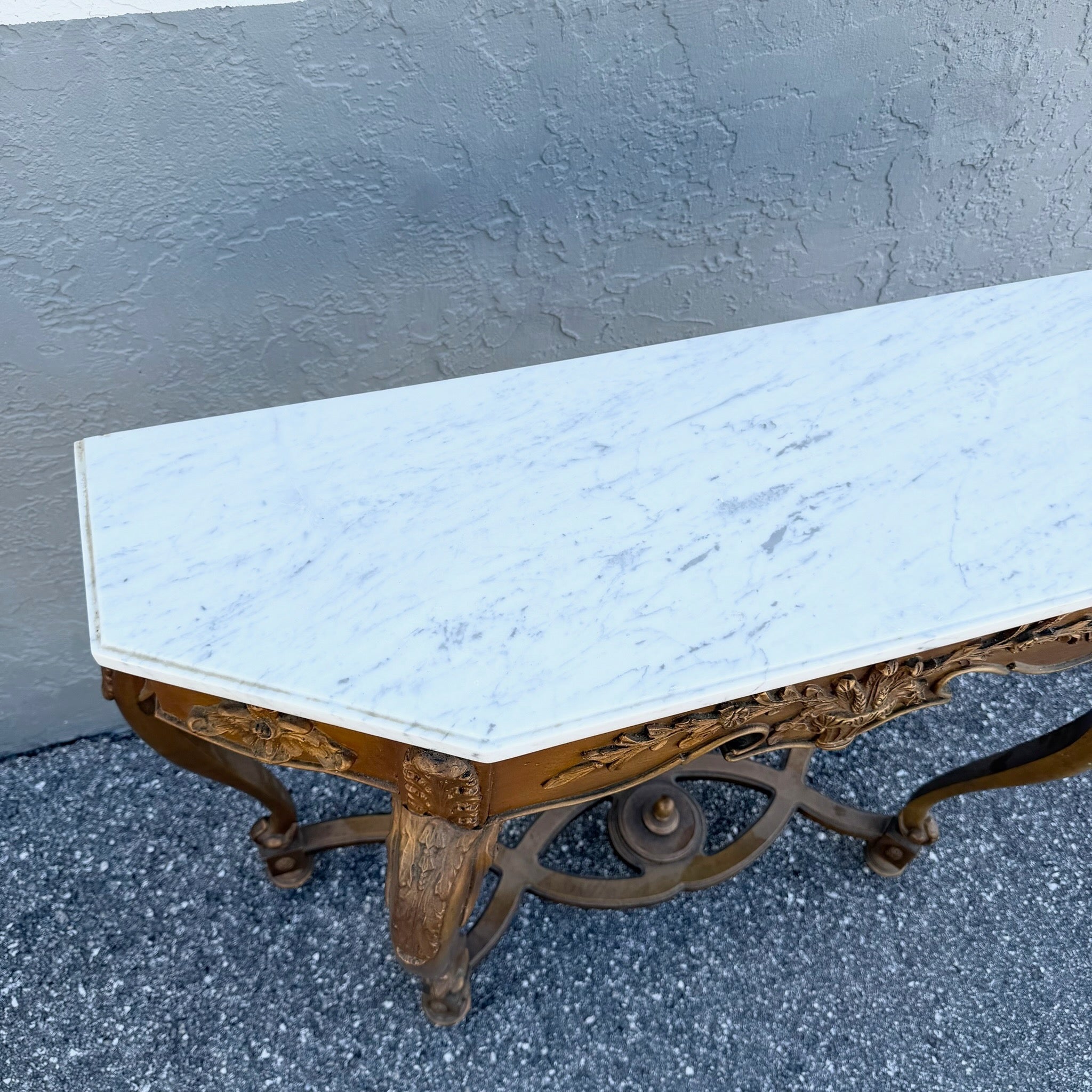 Vintage French Style Marble Top Wooden Console Table Dolphin & Flamingo