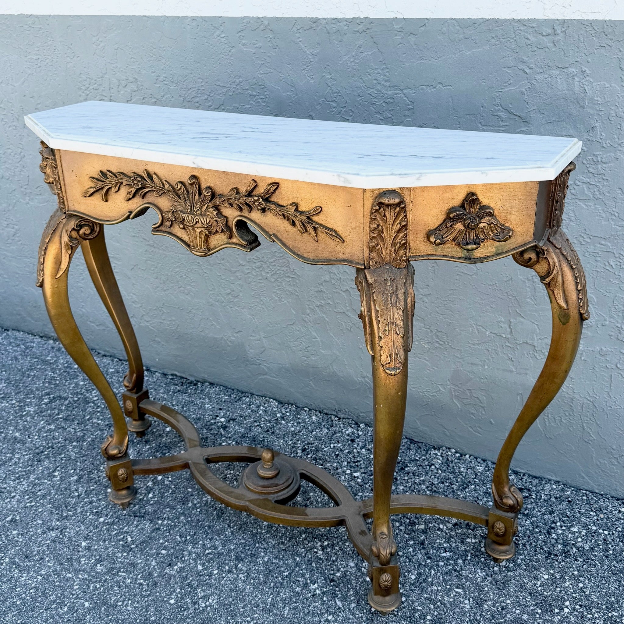 Vintage French Style Marble Top Wooden Console Table Dolphin & Flamingo