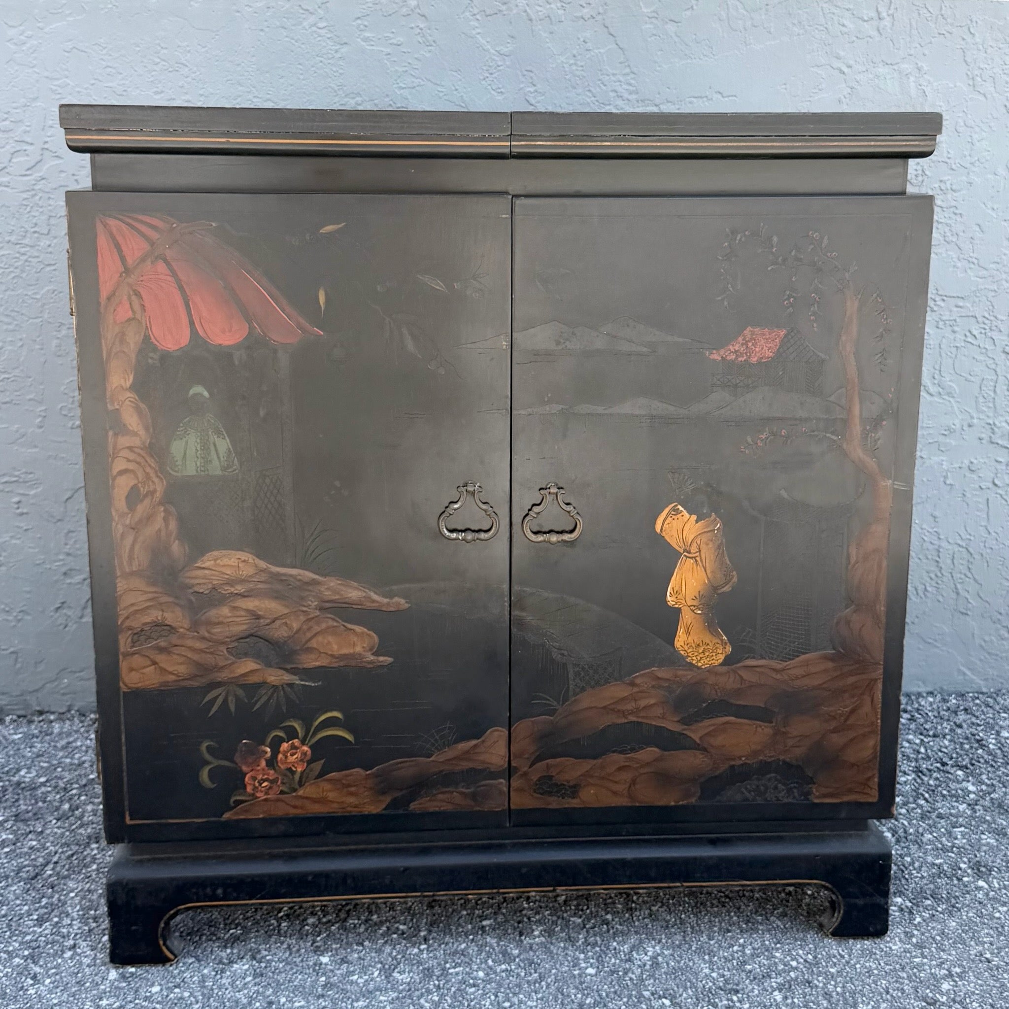 Vintage Chinese Hand Painted Extendable Dry Bar Dolphin & Flamingo