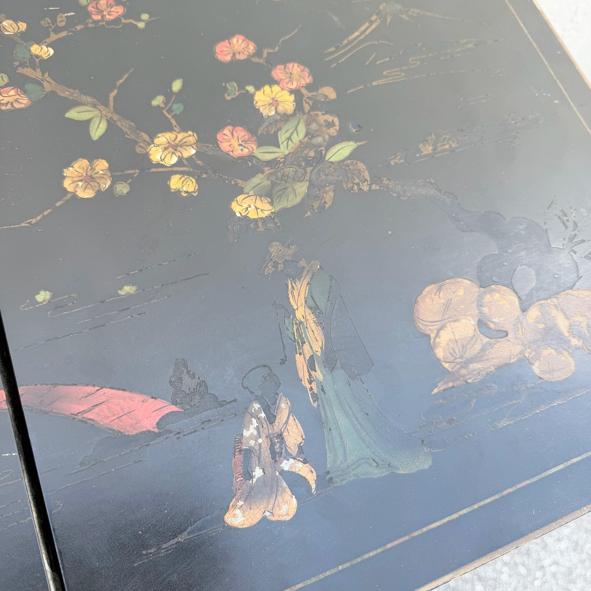 Vintage Chinese Hand Painted Extendable Dry Bar Dolphin & Flamingo