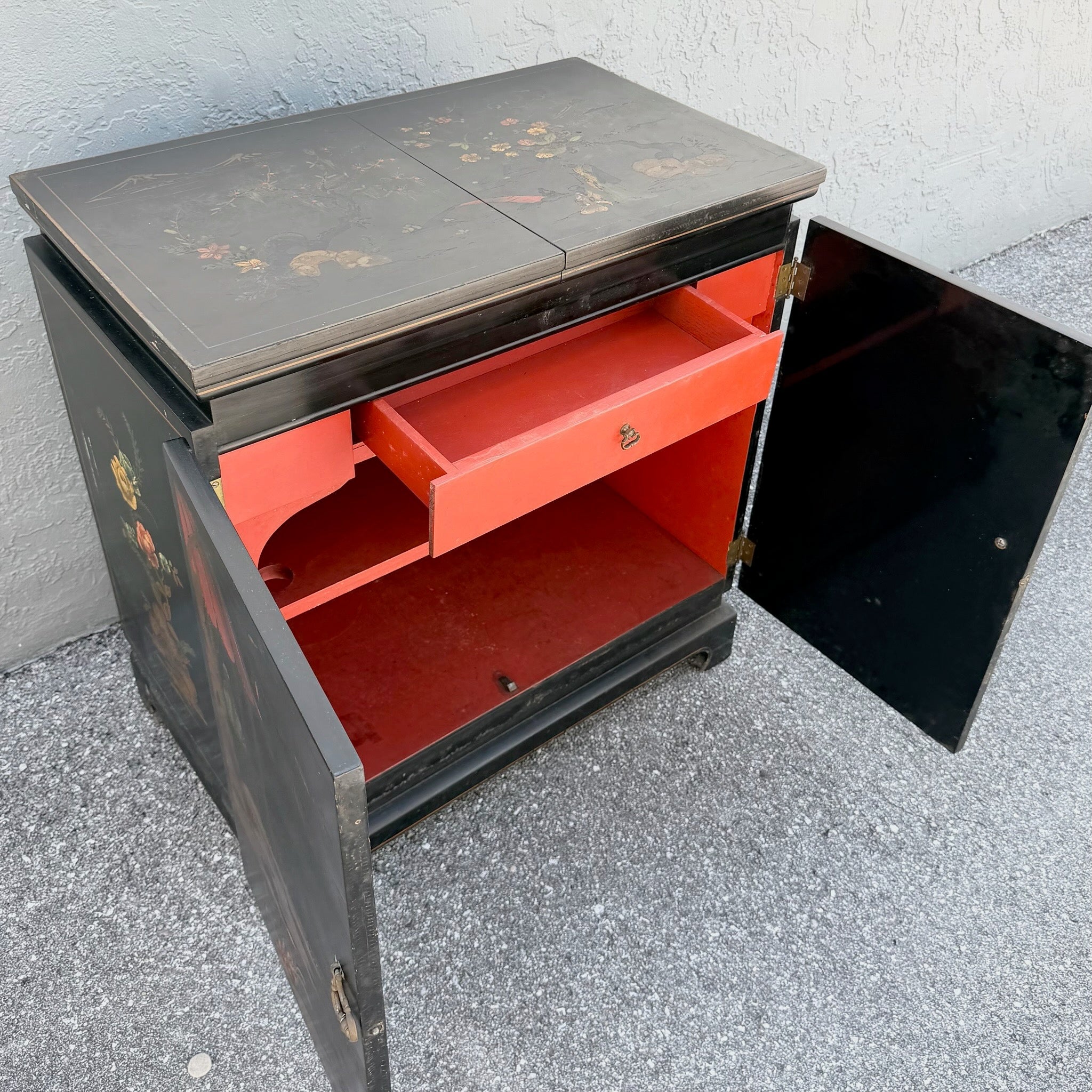 Vintage Chinese Hand Painted Extendable Dry Bar Dolphin & Flamingo