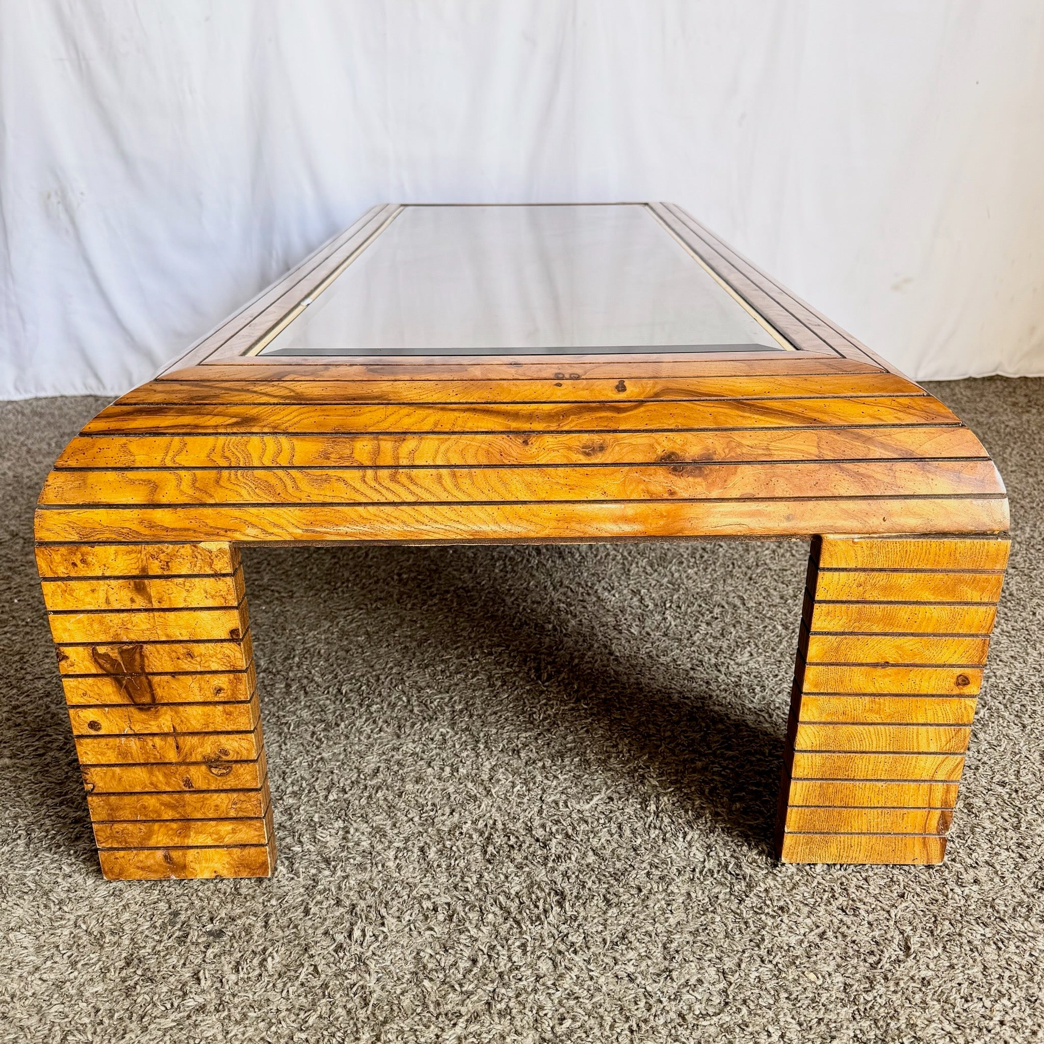 Mid Century Modern Waterfall Oak Smoked Mirror Coffee Table