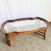 Vintage Hollywood Regency Rattan and Wood Glass Top Coffee Table