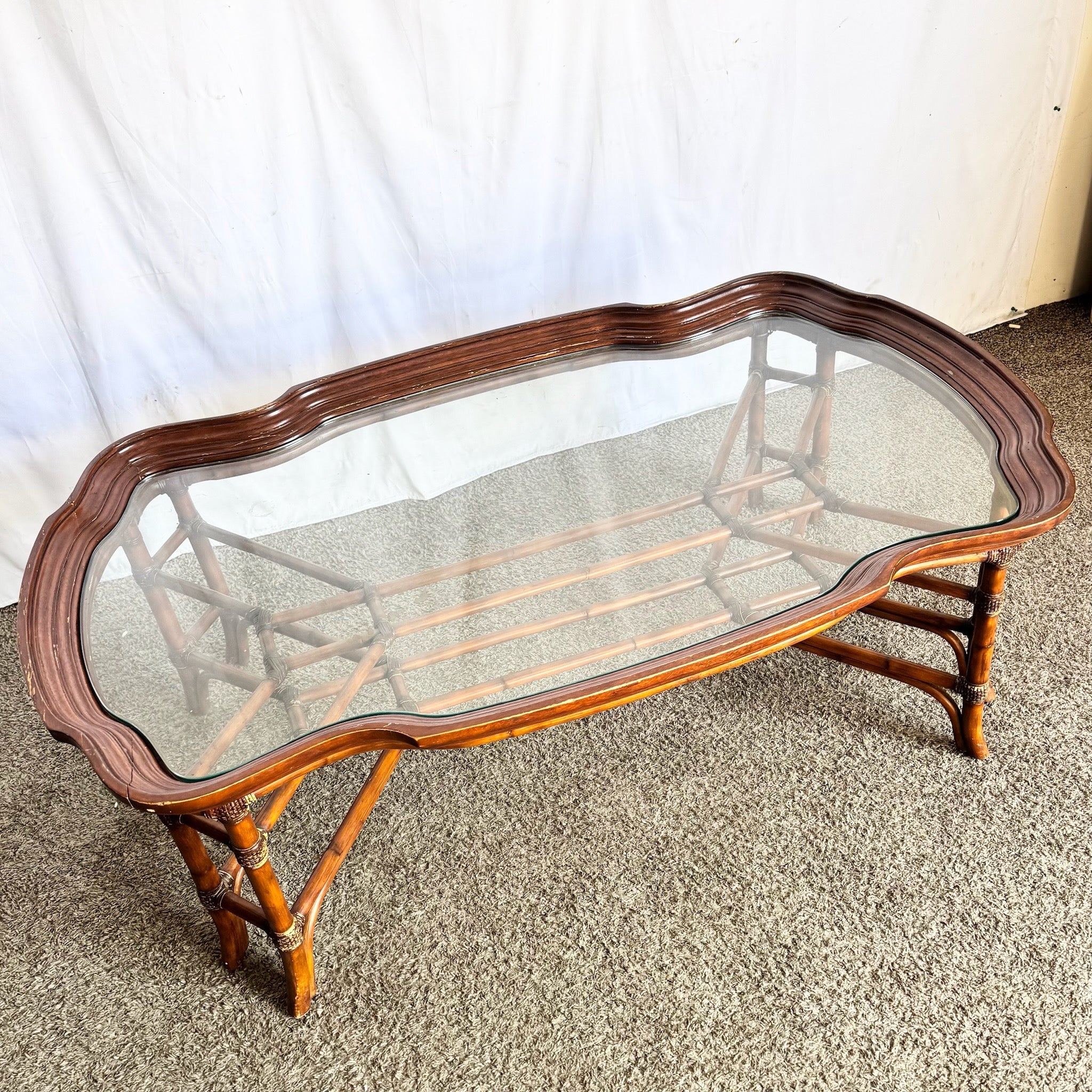 Vintage Hollywood Regency Rattan and Wood Glass Top Coffee Table
