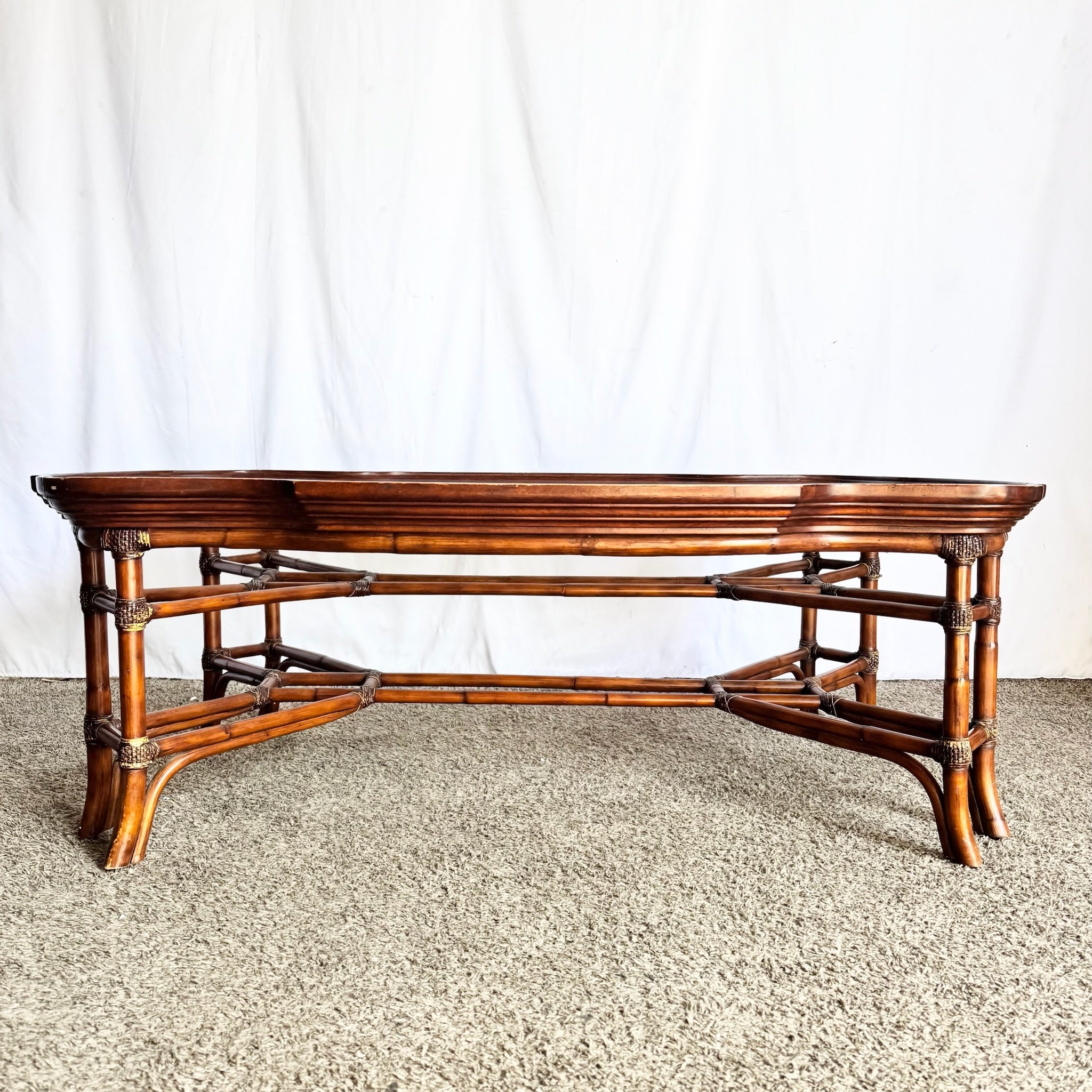 Vintage Hollywood Regency Rattan and Wood Glass Top Coffee Table