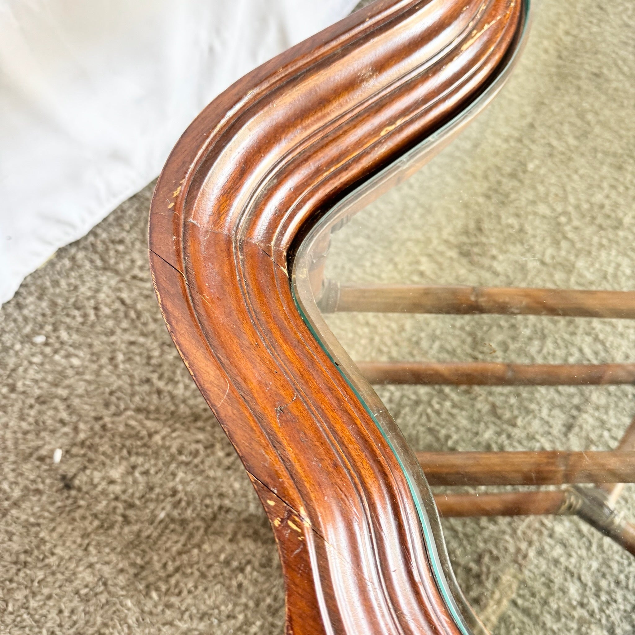 Vintage Hollywood Regency Rattan and Wood Glass Top Coffee Table