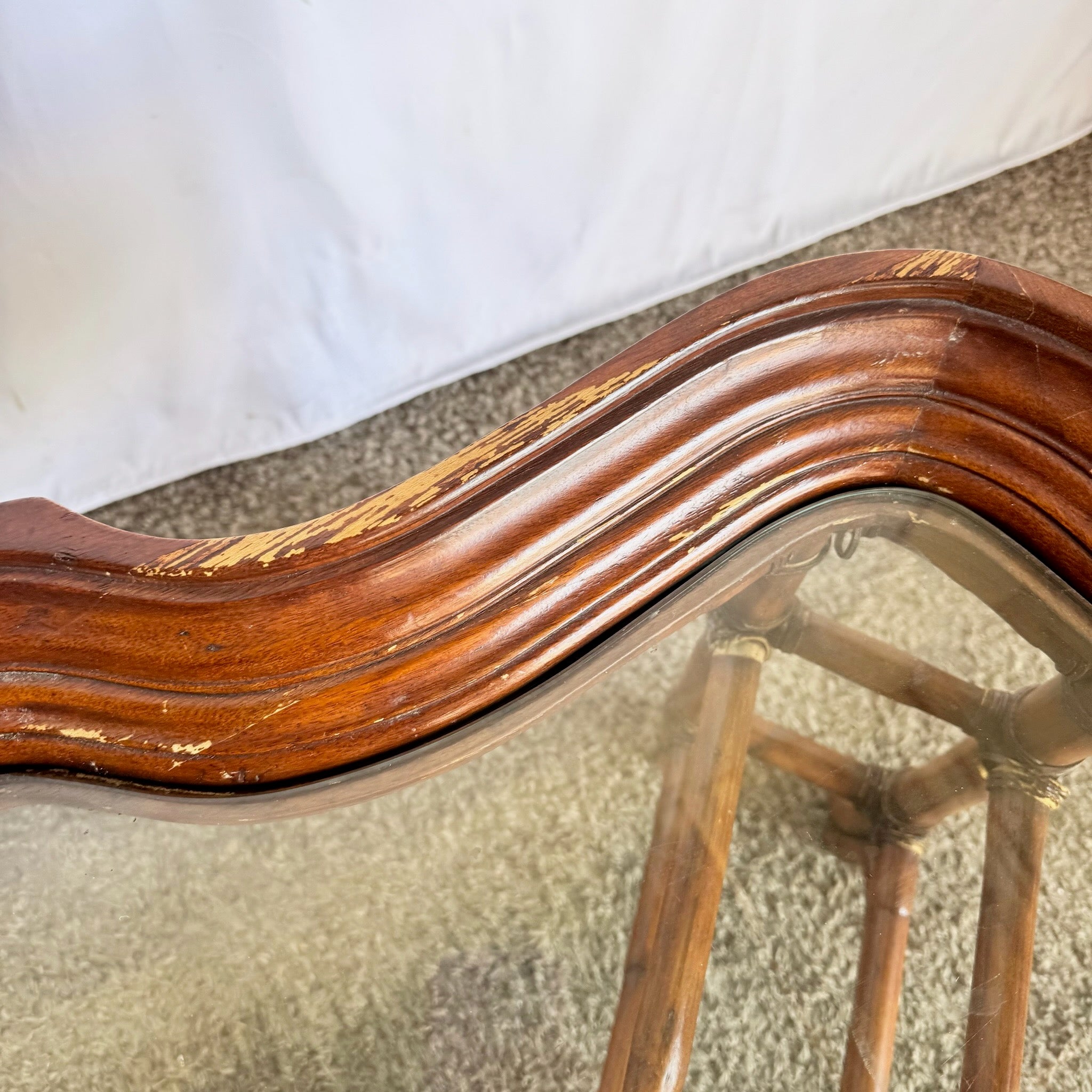 Vintage Hollywood Regency Rattan and Wood Glass Top Coffee Table