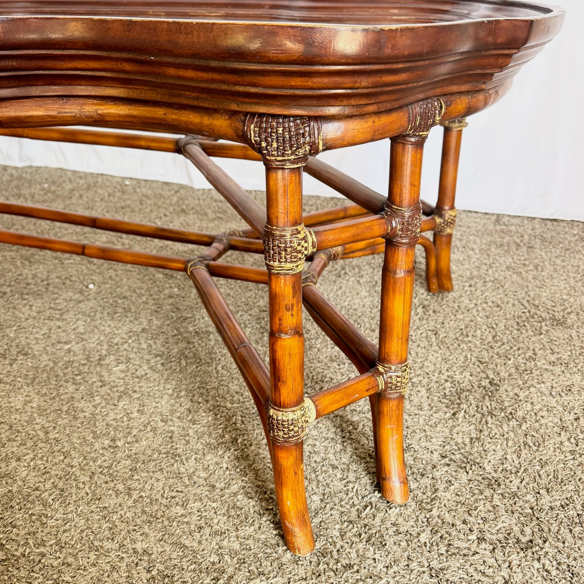 Vintage Hollywood Regency Rattan and Wood Glass Top Coffee Table