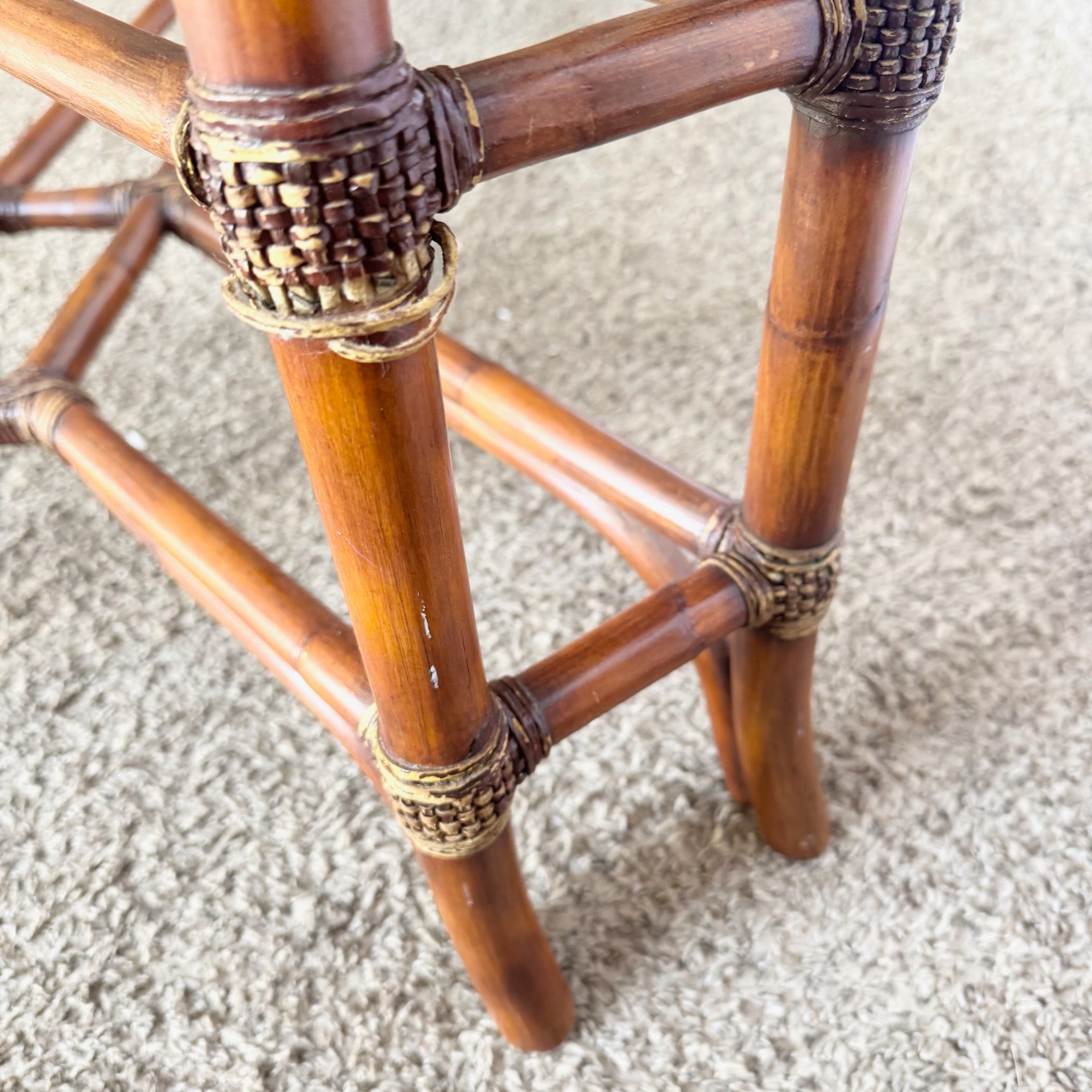 Vintage Hollywood Regency Rattan and Wood Glass Top Coffee Table