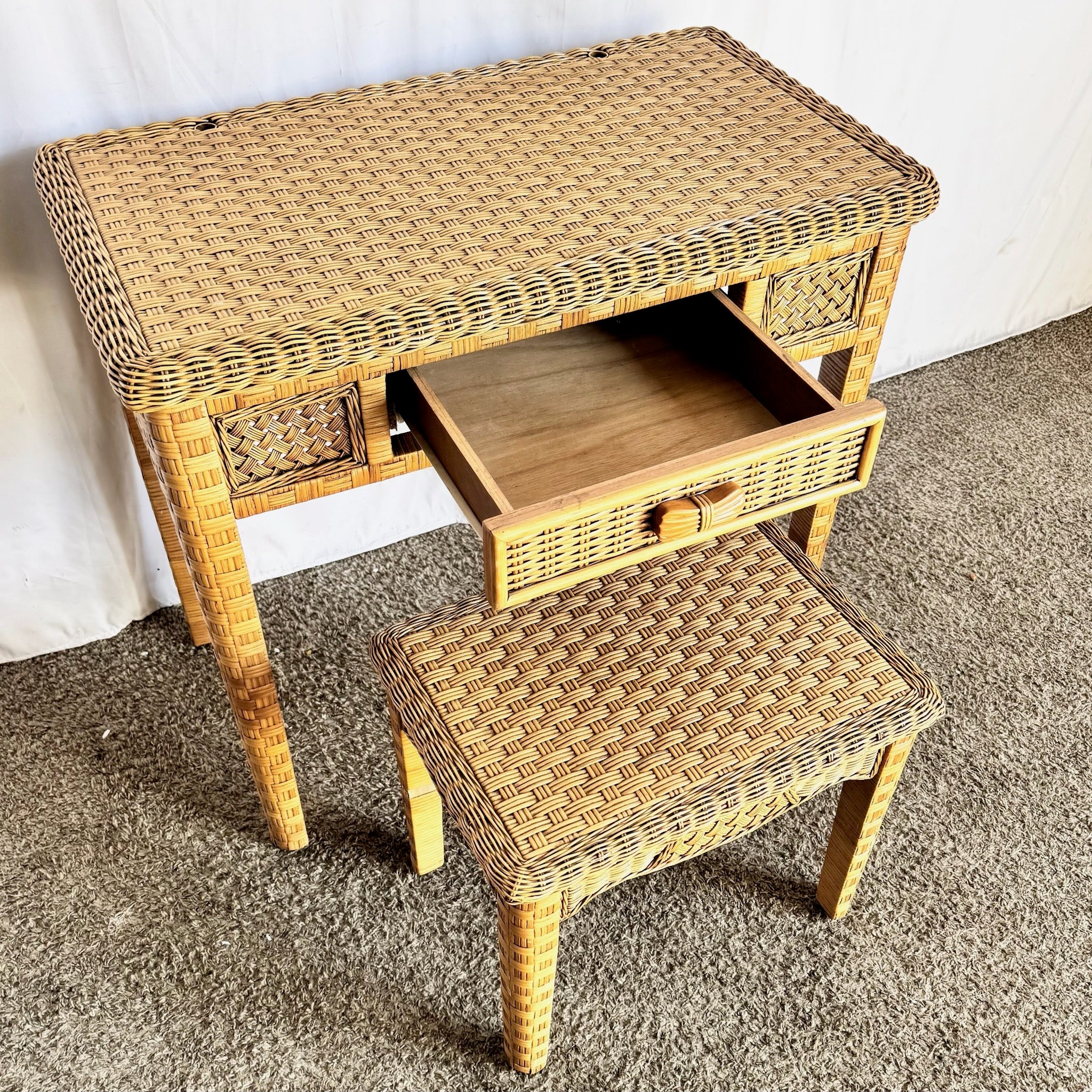 Boho Chic Woven Wicker Desk and Stool - 2 Pieces