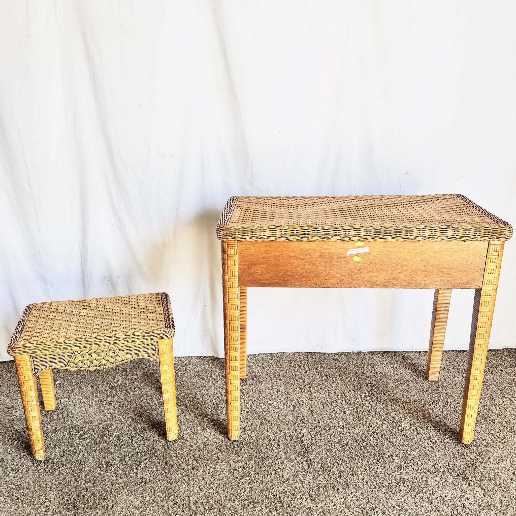 Boho Chic Woven Wicker Desk and Stool - 2 Pieces