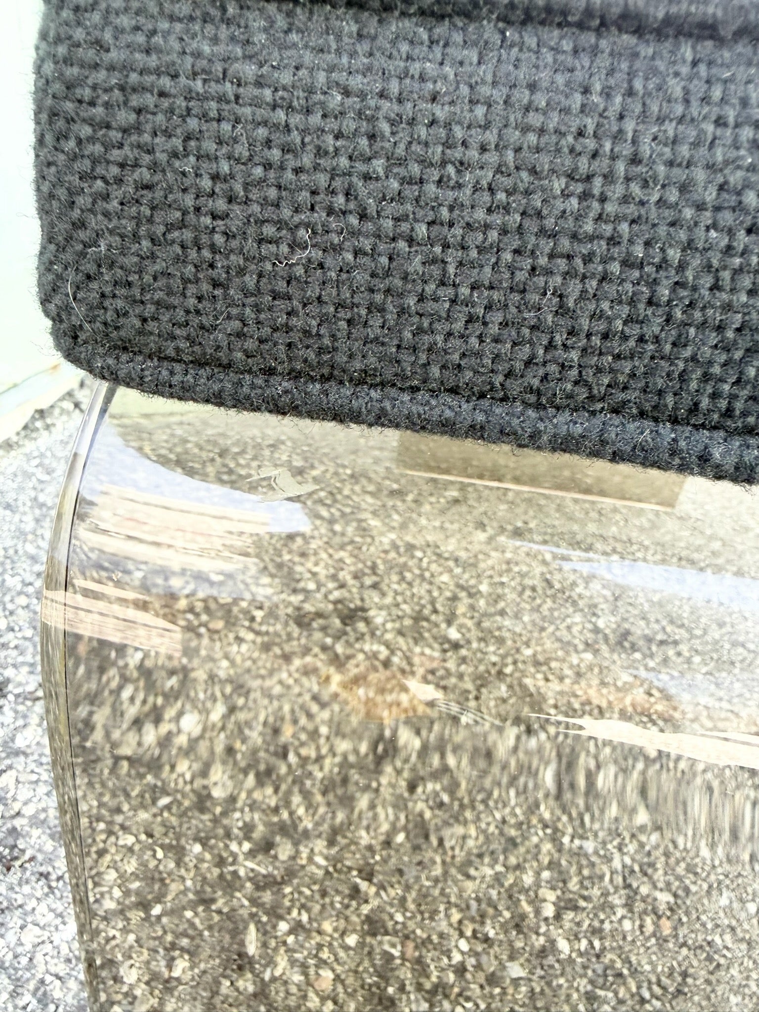 Mid Century Modern Smoked Lucite Waterfall Bench With Black Cushion Dolphin & Flamingo