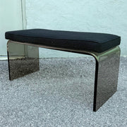 Mid Century Modern Smoked Lucite Waterfall Bench With Black Cushion Dolphin & Flamingo