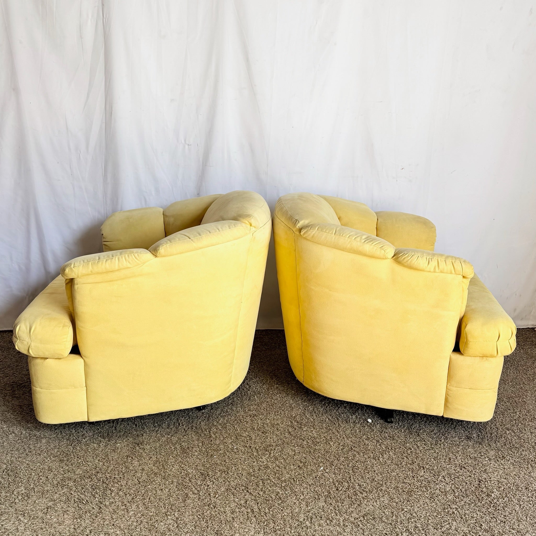 Vintage Postmodern Yellow Fabric Swivel Chairs - Pair