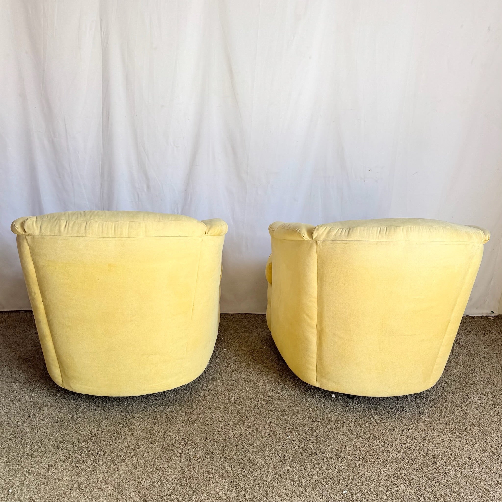 Vintage Postmodern Yellow Fabric Swivel Chairs - Pair