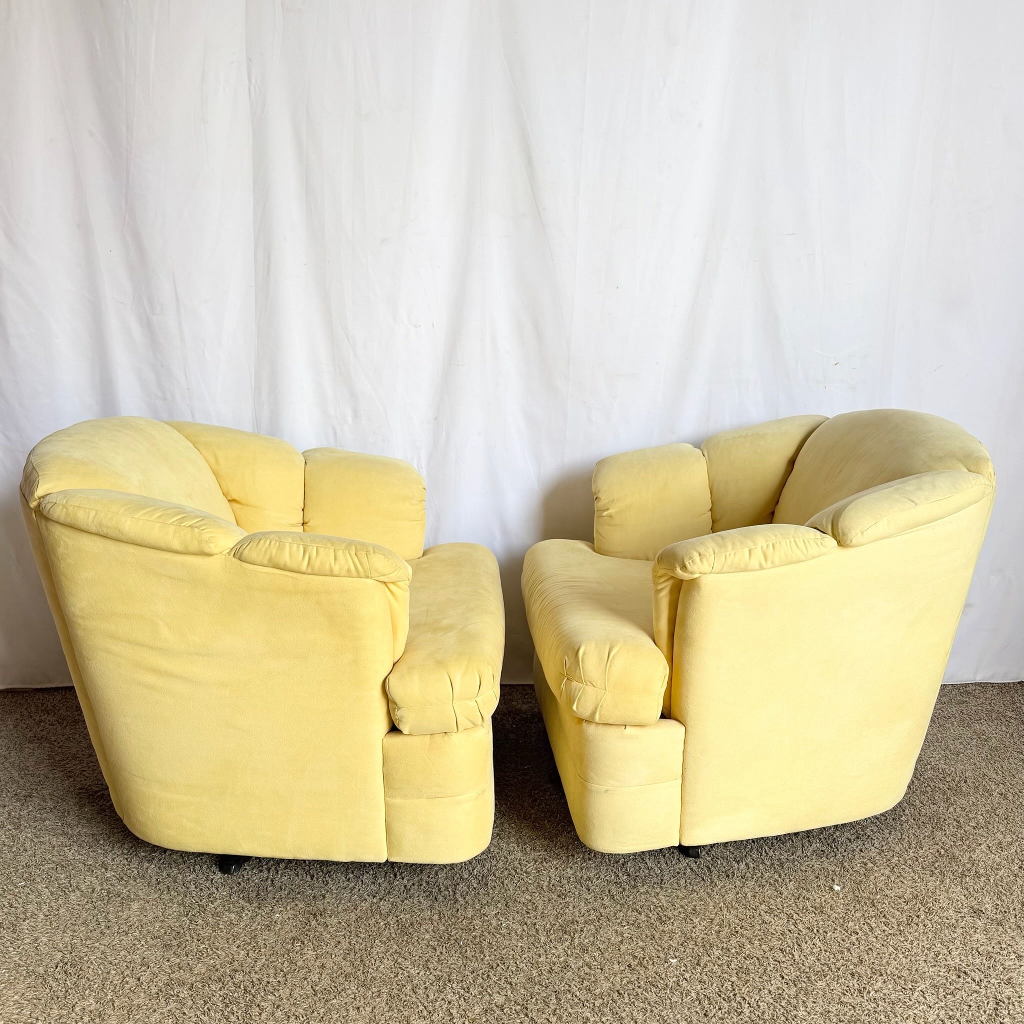 Vintage Postmodern Yellow Fabric Swivel Chairs - Pair