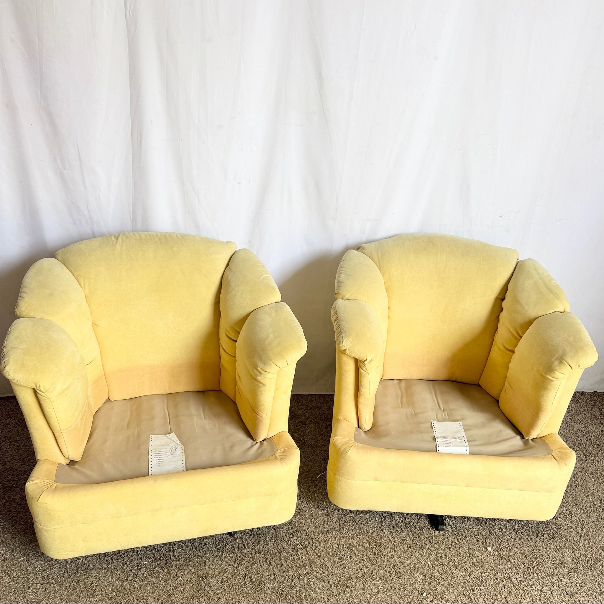 Vintage Postmodern Yellow Fabric Swivel Chairs - Pair