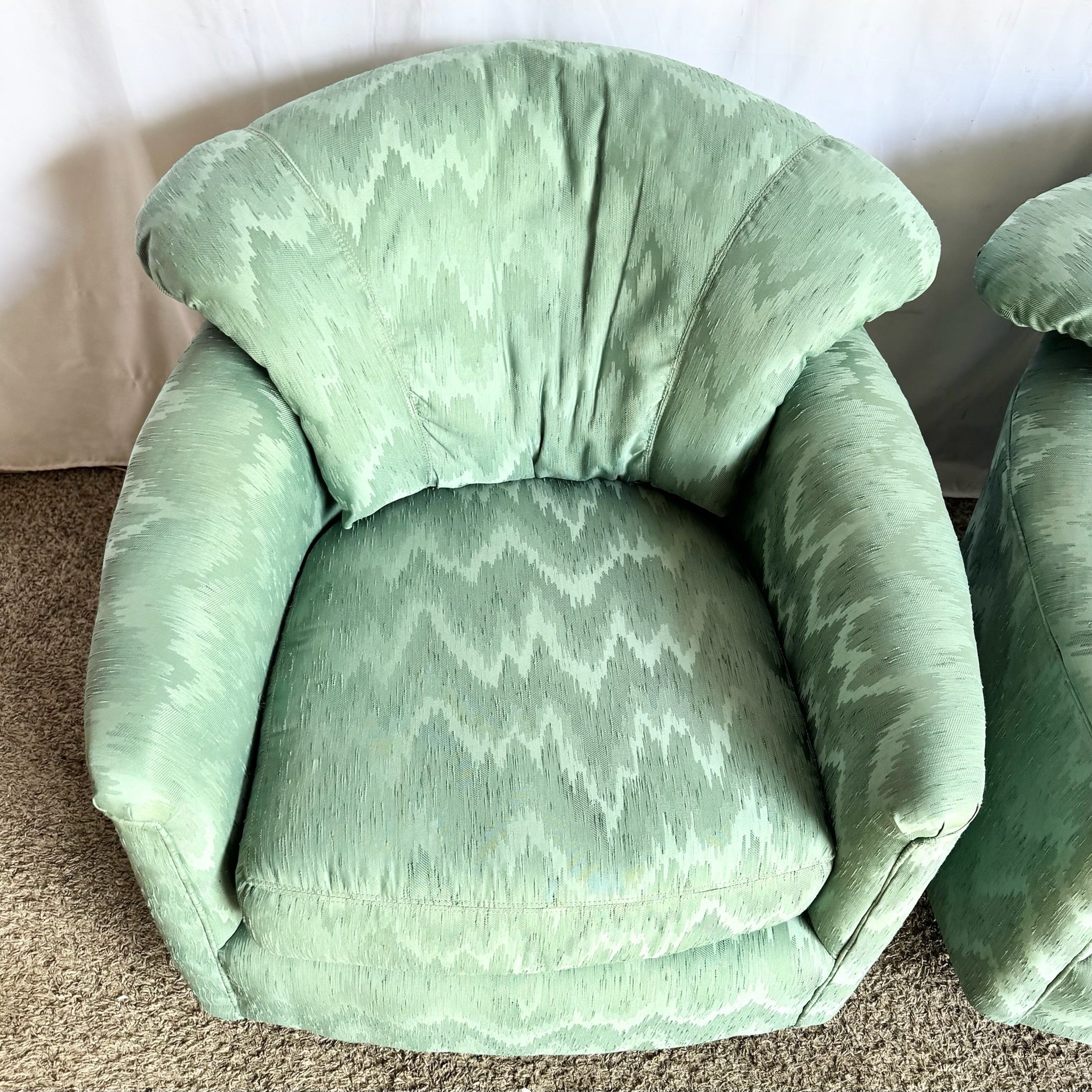 Postmodern Turquoise Fabric Swivel Lounge Chairs - A Pair
