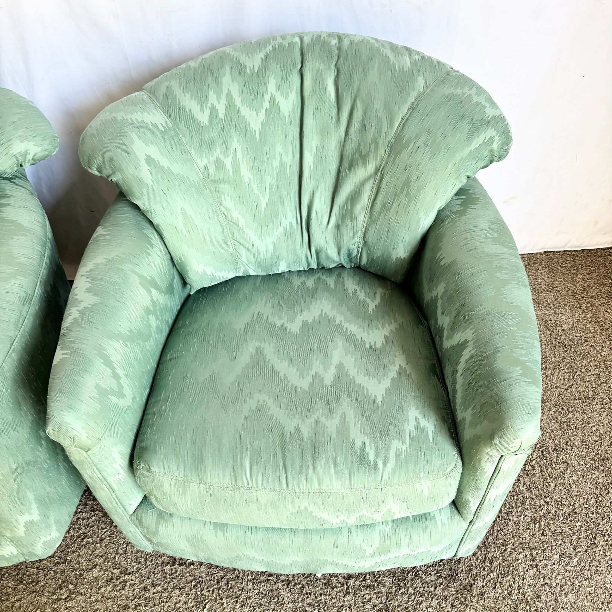 Postmodern Turquoise Fabric Swivel Lounge Chairs - A Pair