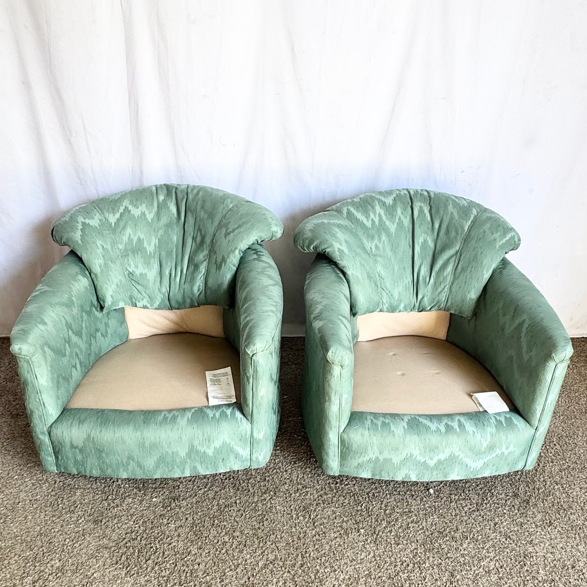 Postmodern Turquoise Fabric Swivel Lounge Chairs - A Pair