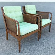 Vintage Hollywood Regency Faux Bamboo and Cane Green Tufted Lounge Chairs Dolphin & Flamingo