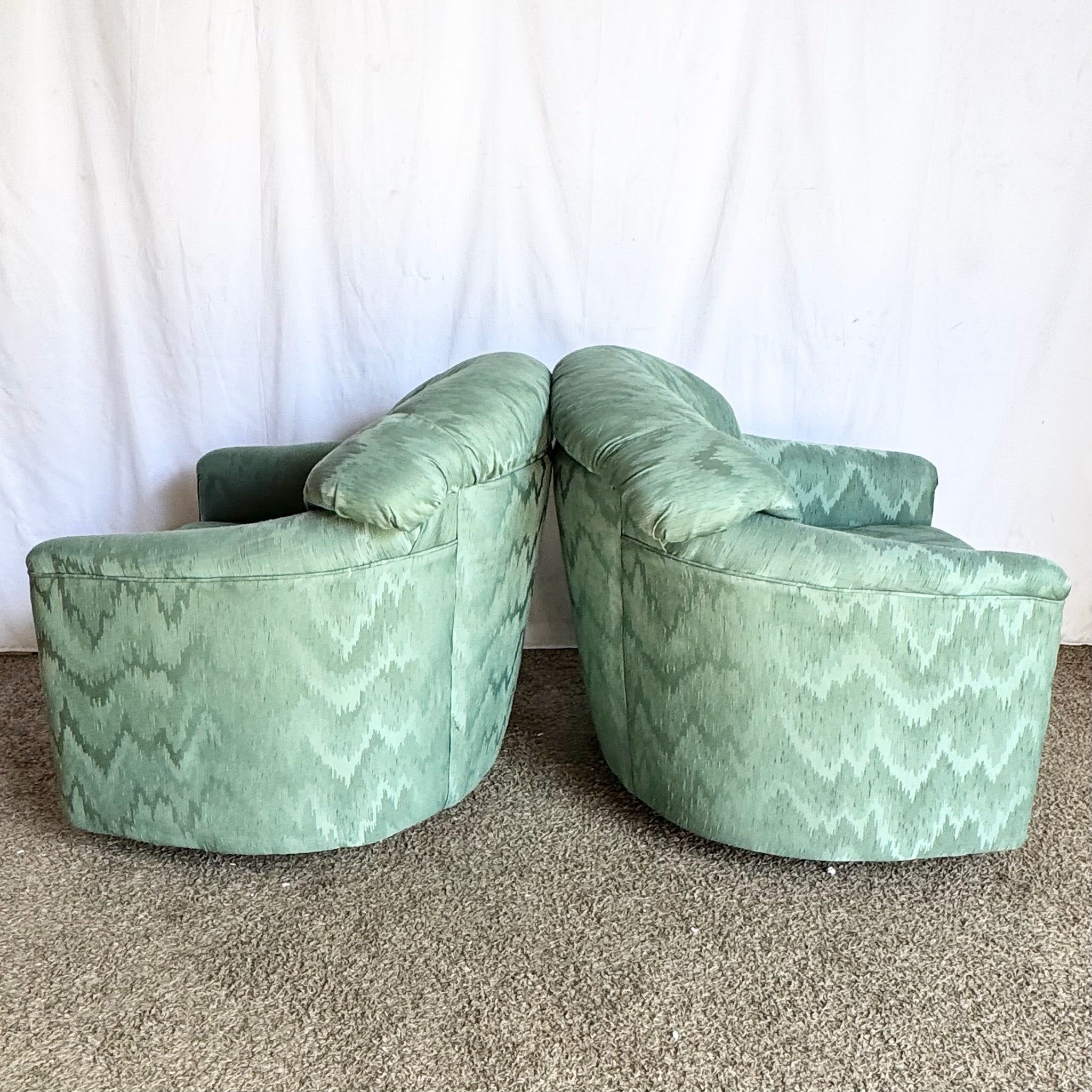 Postmodern Turquoise Fabric Swivel Lounge Chairs - A Pair