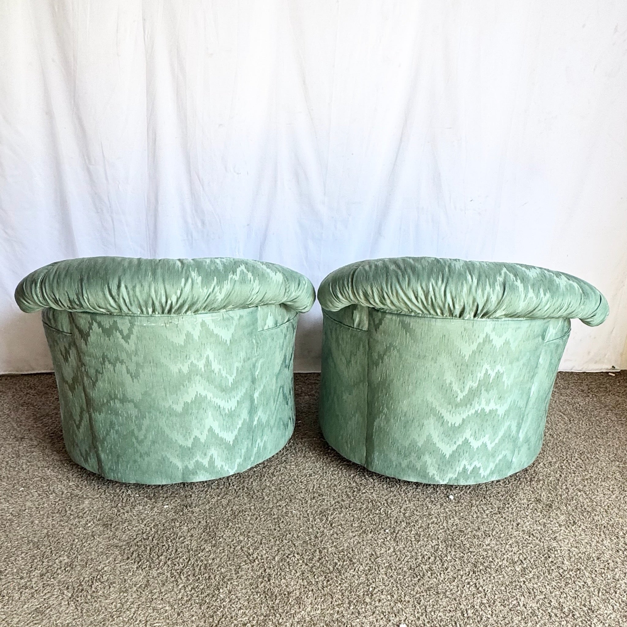 Postmodern Turquoise Fabric Swivel Lounge Chairs - A Pair