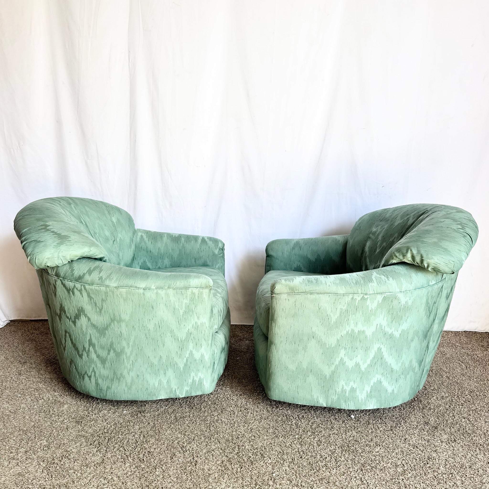 Postmodern Turquoise Fabric Swivel Lounge Chairs - A Pair