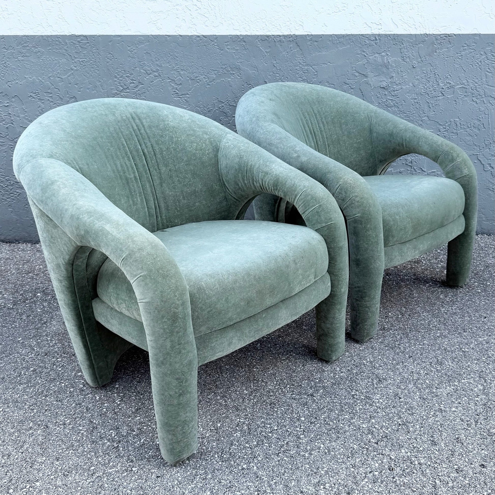 Postmodern Sculpted Sage Mint Green Velvet Lounge Chairs - A Pair Dolphin & Flamingo