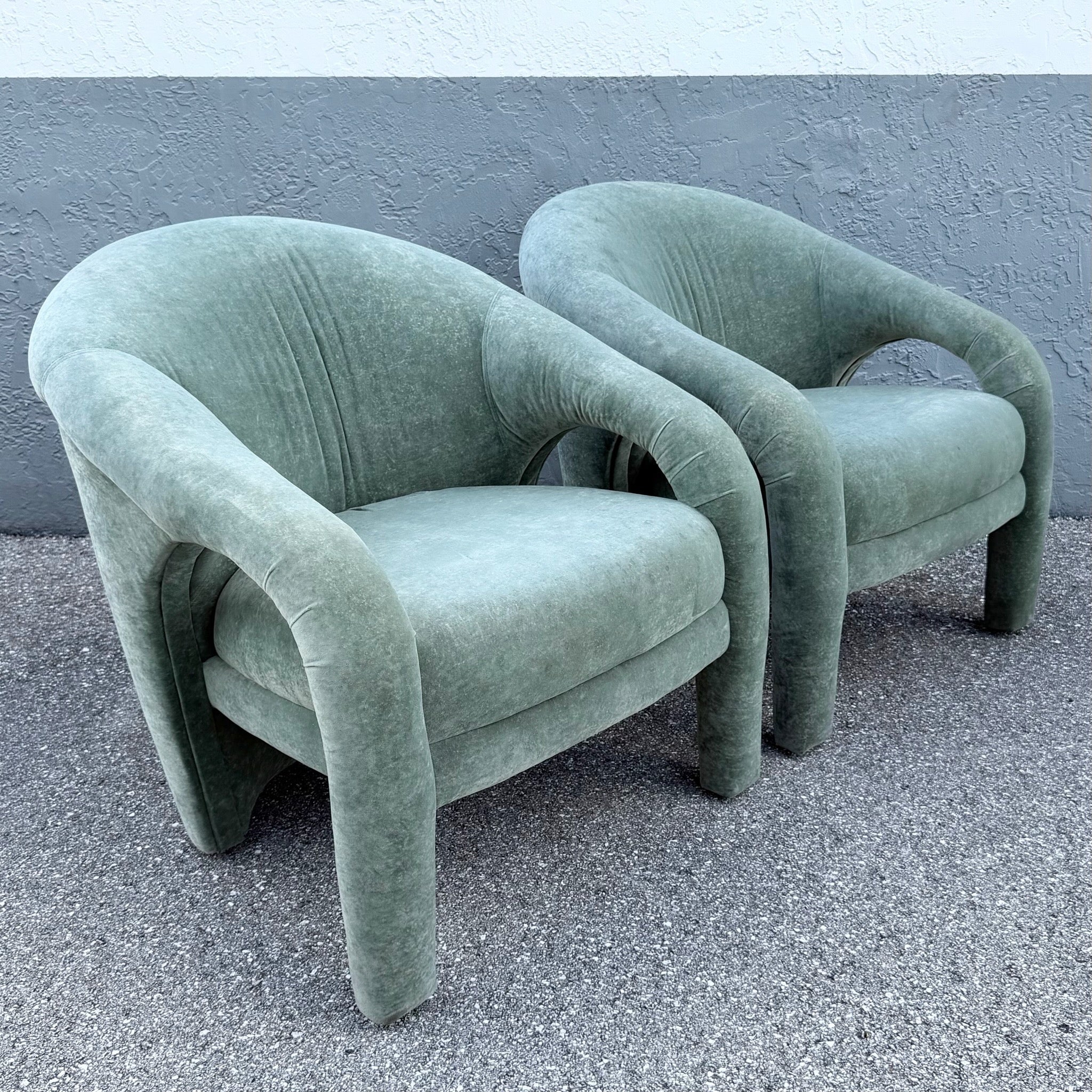 Postmodern Sculpted Sage Mint Green Velvet Lounge Chairs - A Pair Dolphin & Flamingo