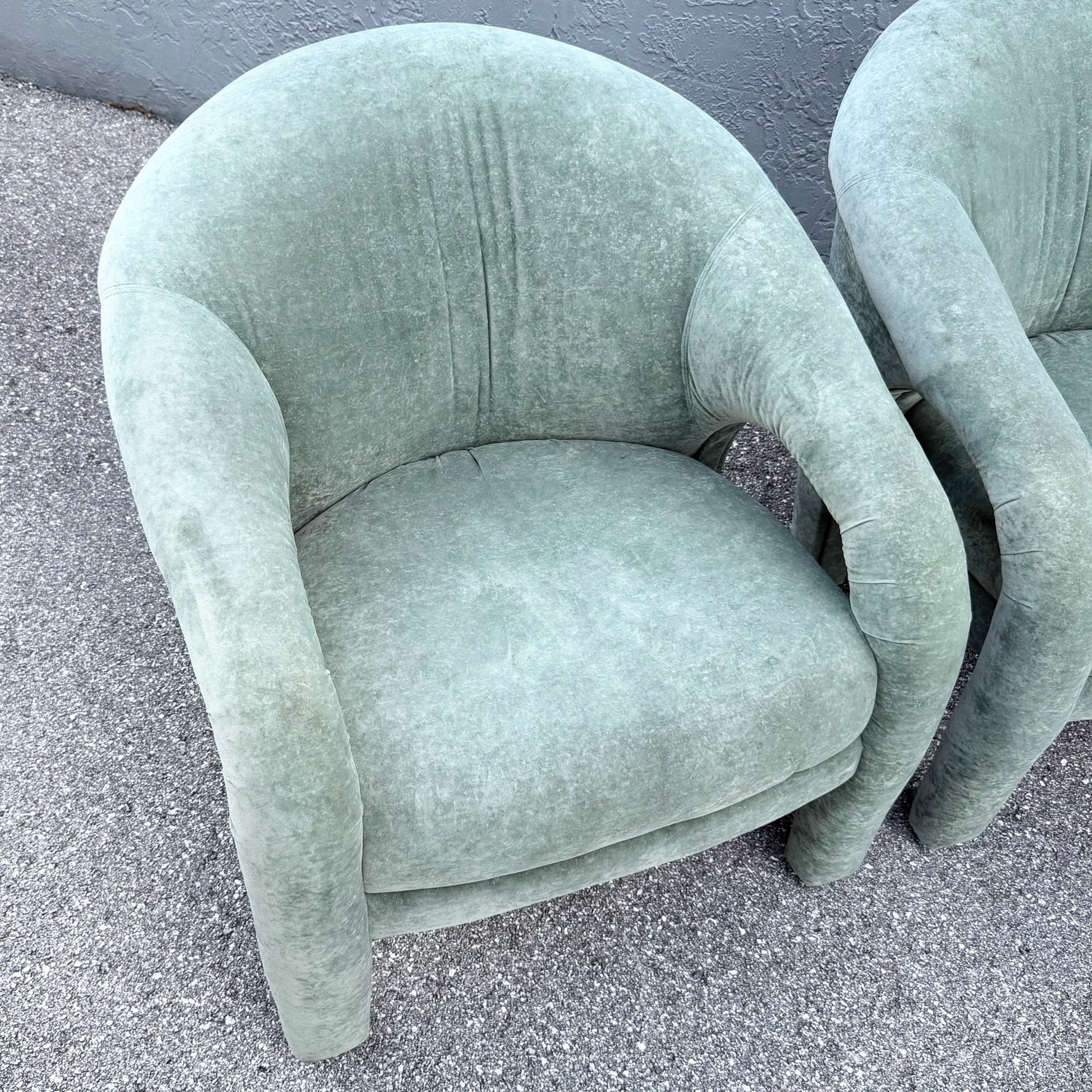 Postmodern Sculpted Sage Mint Green Velvet Lounge Chairs - A Pair Dolphin & Flamingo