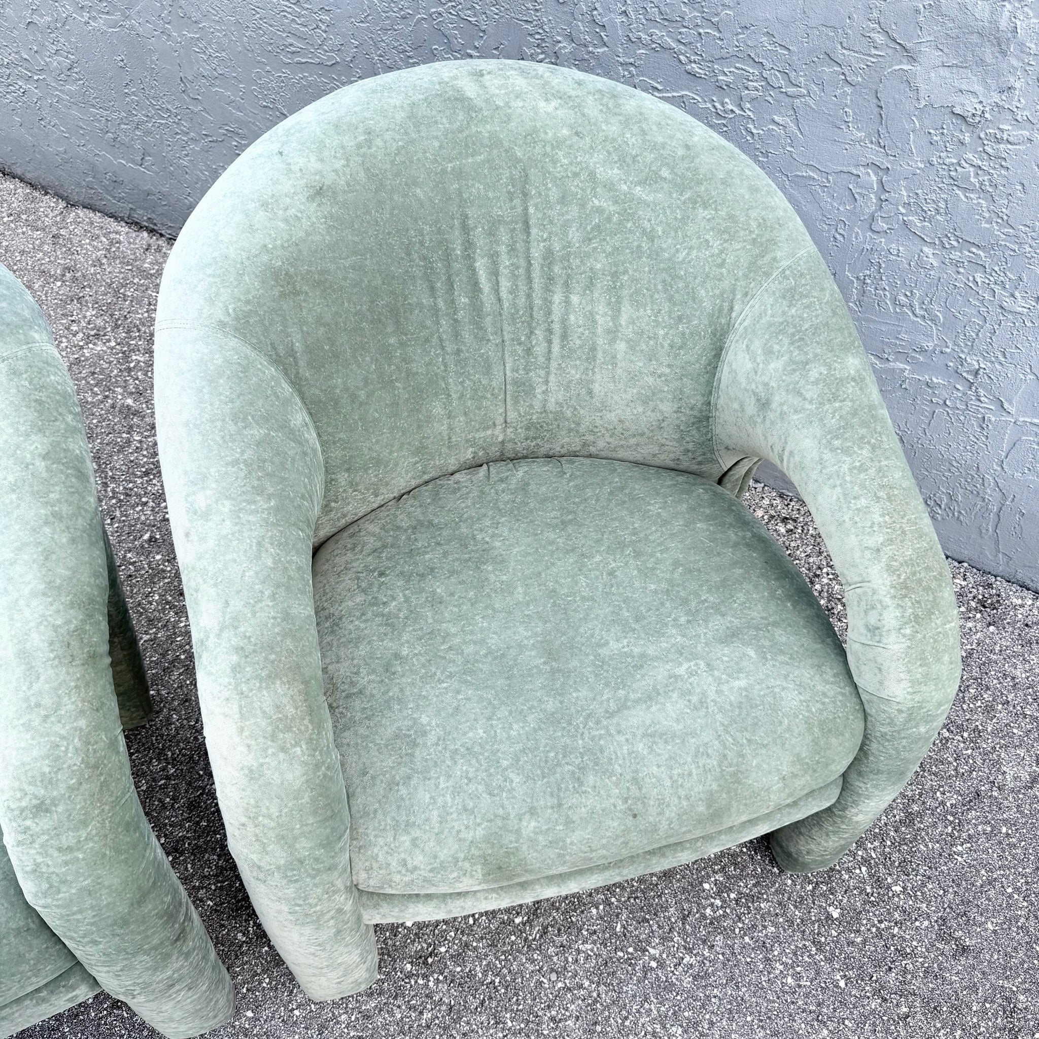 Postmodern Sculpted Sage Mint Green Velvet Lounge Chairs - A Pair Dolphin & Flamingo