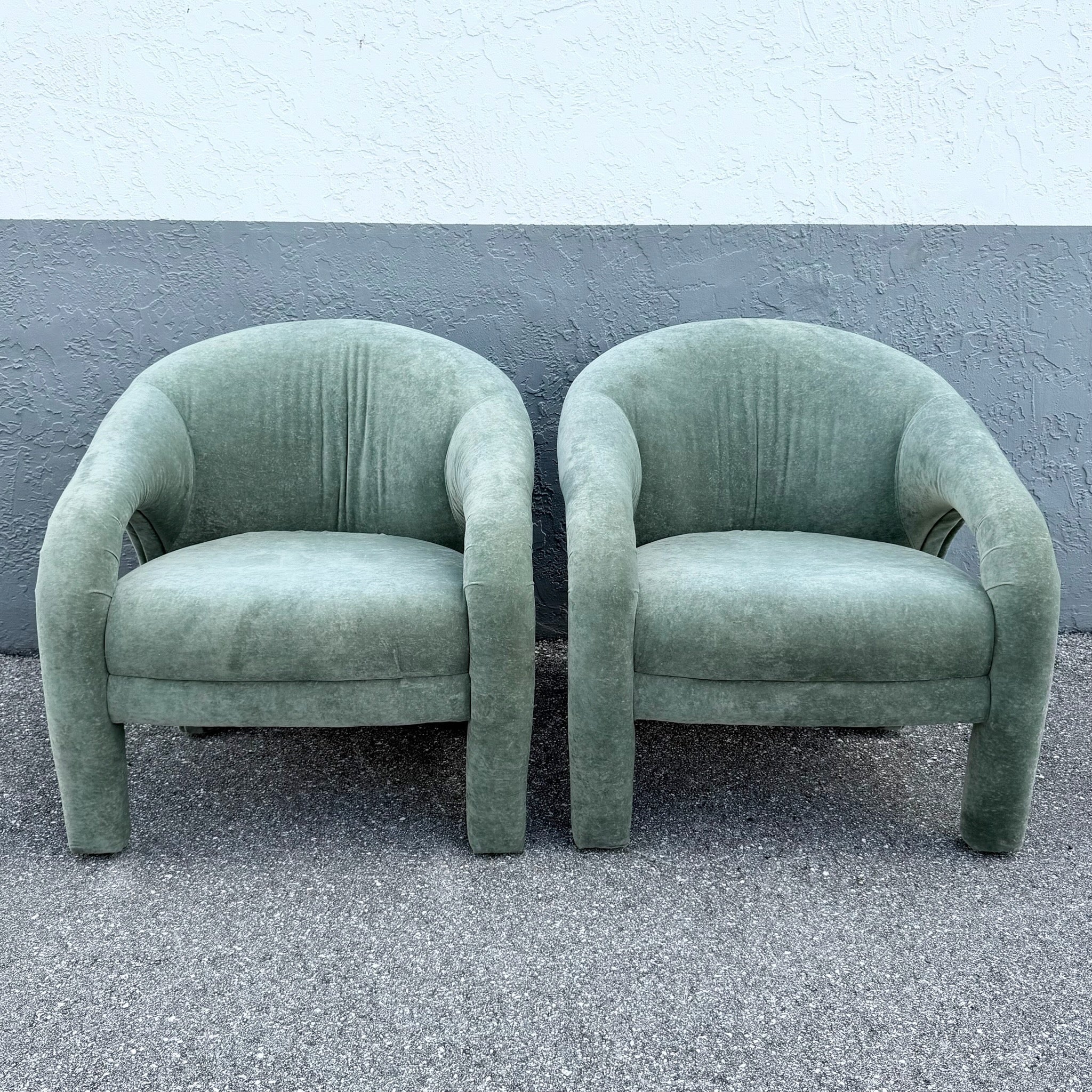 Postmodern Sculpted Sage Mint Green Velvet Lounge Chairs - A Pair Dolphin & Flamingo