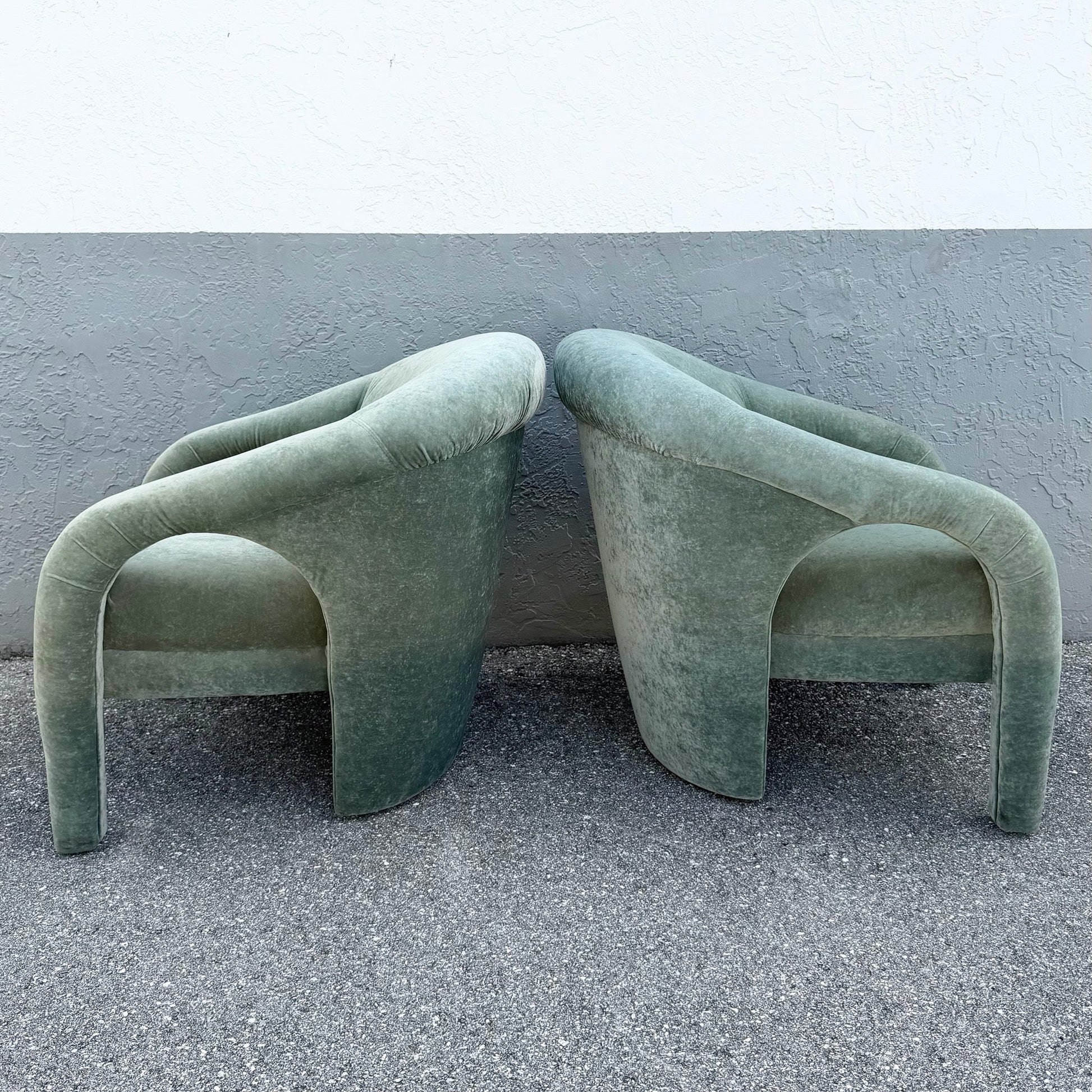 Postmodern Sculpted Sage Mint Green Velvet Lounge Chairs - A Pair Dolphin & Flamingo