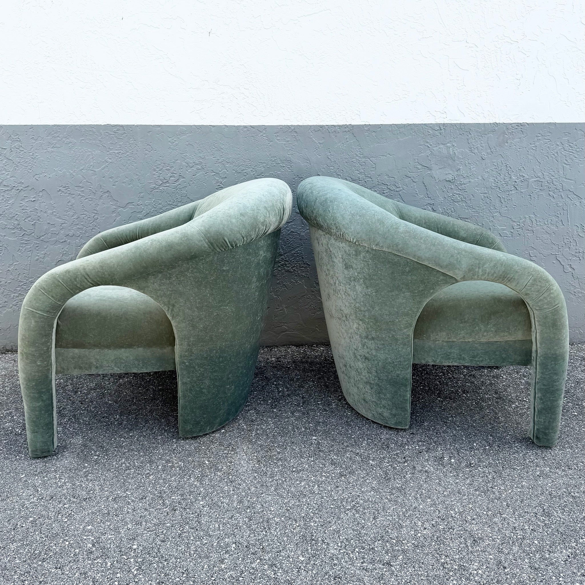 Postmodern Sculpted Sage Mint Green Velvet Lounge Chairs - A Pair Dolphin & Flamingo