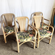 Vintage Washed Rattan Floral Dining Arm Chairs - Set of 4