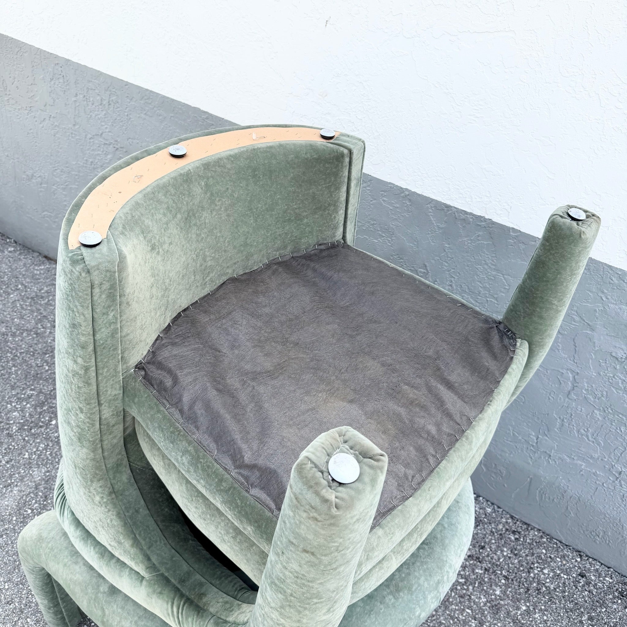 Postmodern Sculpted Sage Mint Green Velvet Lounge Chairs - A Pair Dolphin & Flamingo