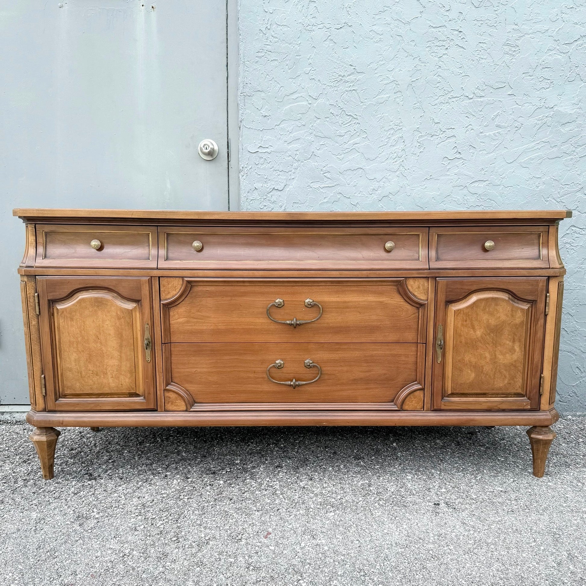 Vintage Mid Century Marble Inlaid Credenza by Thomasville Dolphin & Flamingo